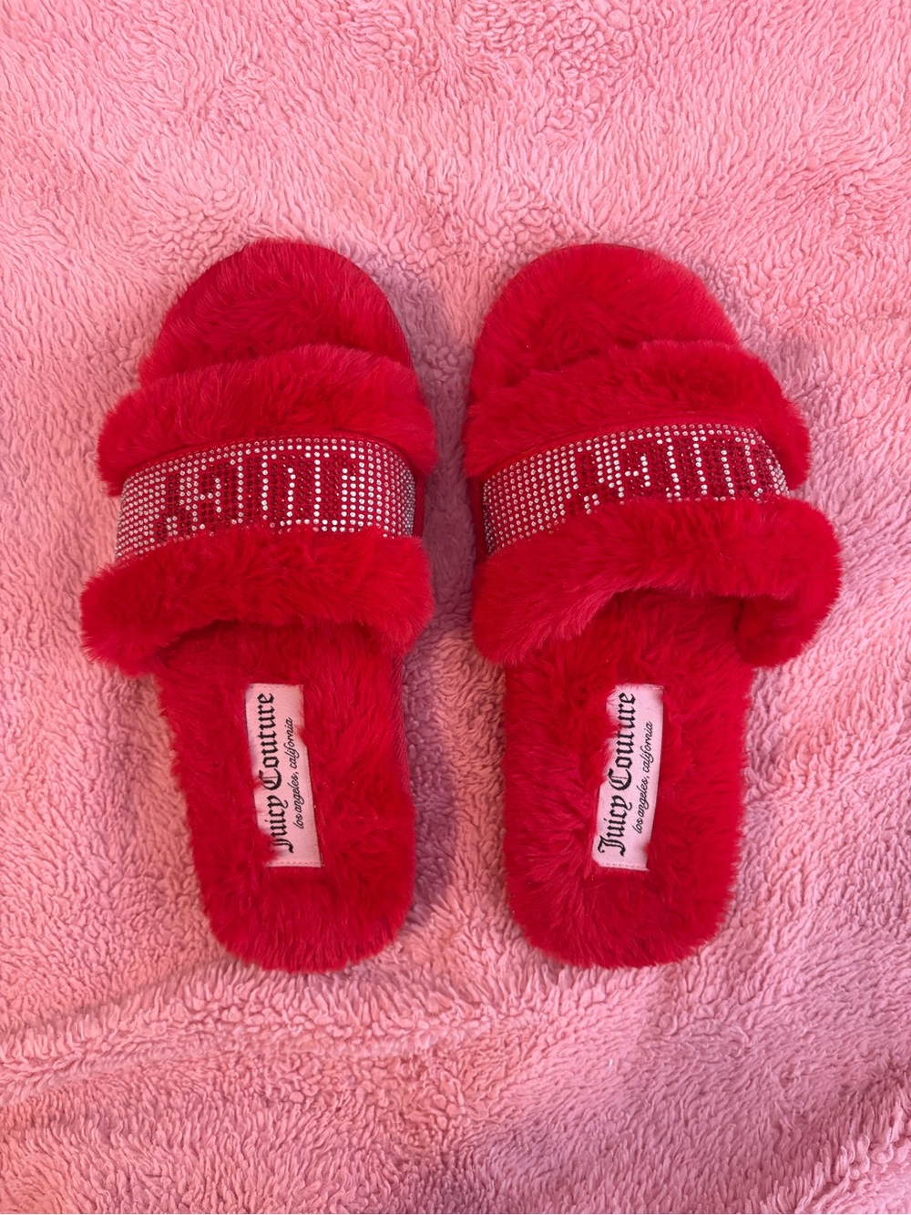 Juicy Couture Bright Red Faux Fur Slide Slippers with Crystal Band